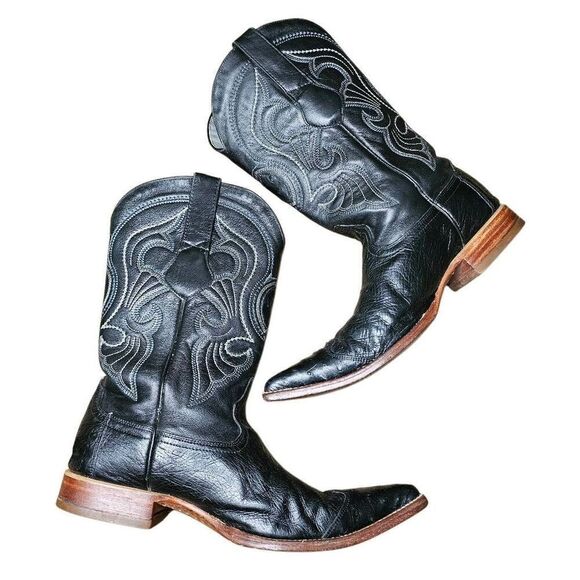 Los Altos Black Ostrich Leather Boots Mens Size 8 EE width Rodeo Western Cowboy - Picture 6 of 15